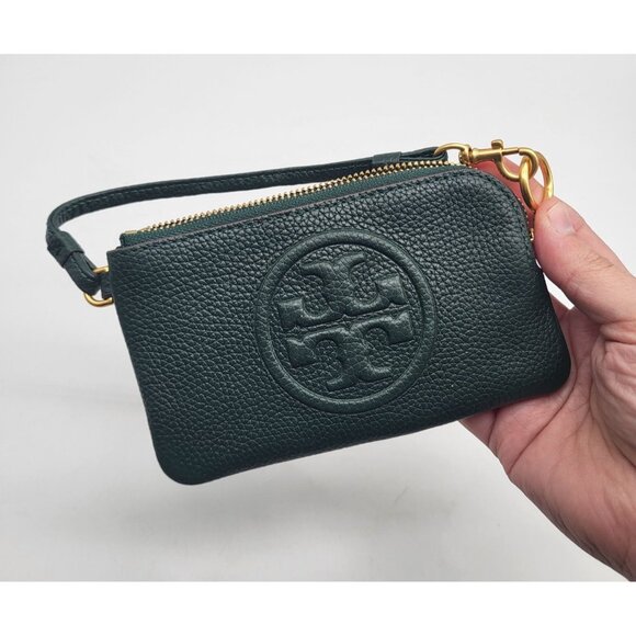 Tory Burch Perry Bombe Top Zip Card Case Leather Wristlet Wallet Forest Green - Picture 8 of 8